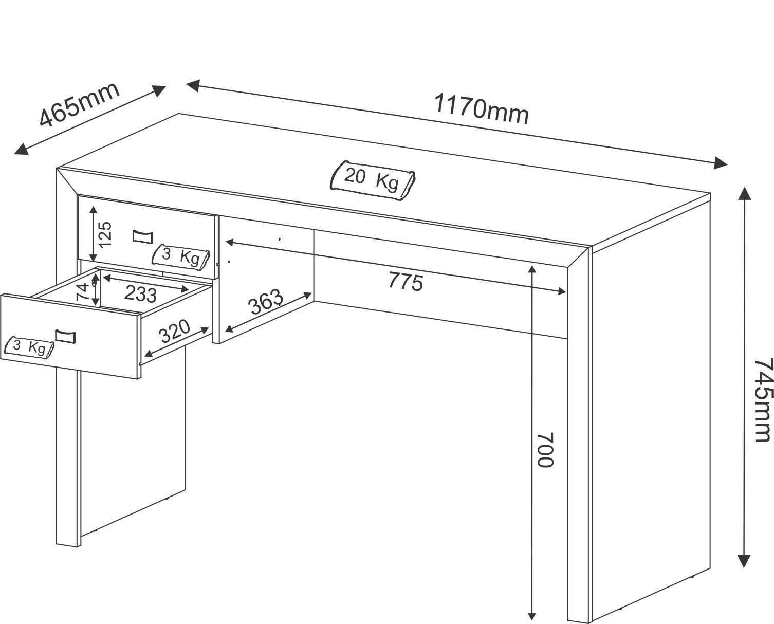 Para todos verem: Imagem com as dimensões da Escrivaninha Tivoli com 2 gavetas 117x47 | Mesa de escritório